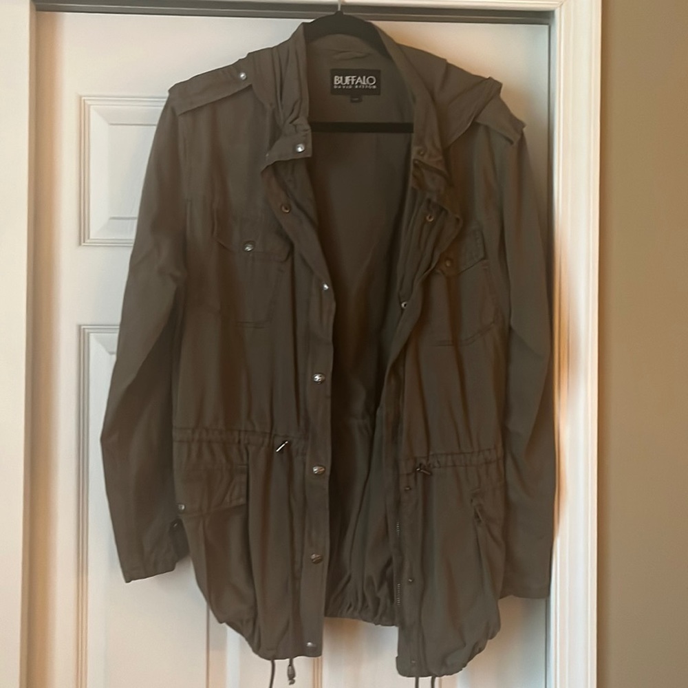 Army green cargo jacket with adjustable waist